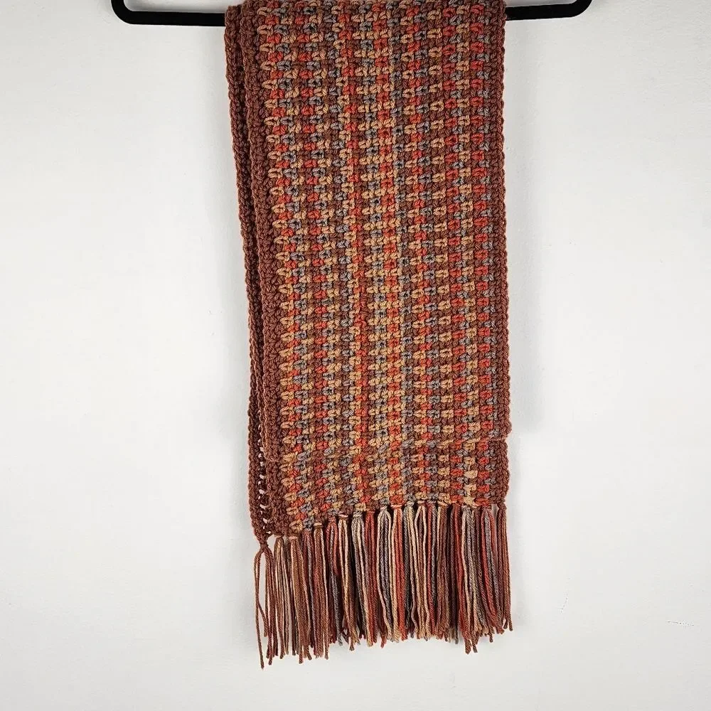 New Handmade Crochet Scarf Fringe Orange Brown Earth Tones Boho Wrap